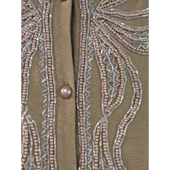 Bob Mackie Wearable Art Beaded Bow Cardigan Sz 3X Sweater Tan Coastal Grandma - Picture 3 of 10